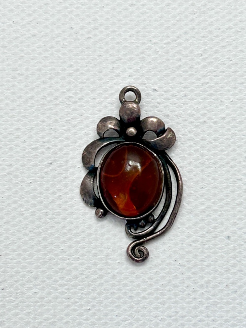 Amber Cabochon Silver Floral Pendant - Brown Amber Necklace Charm
